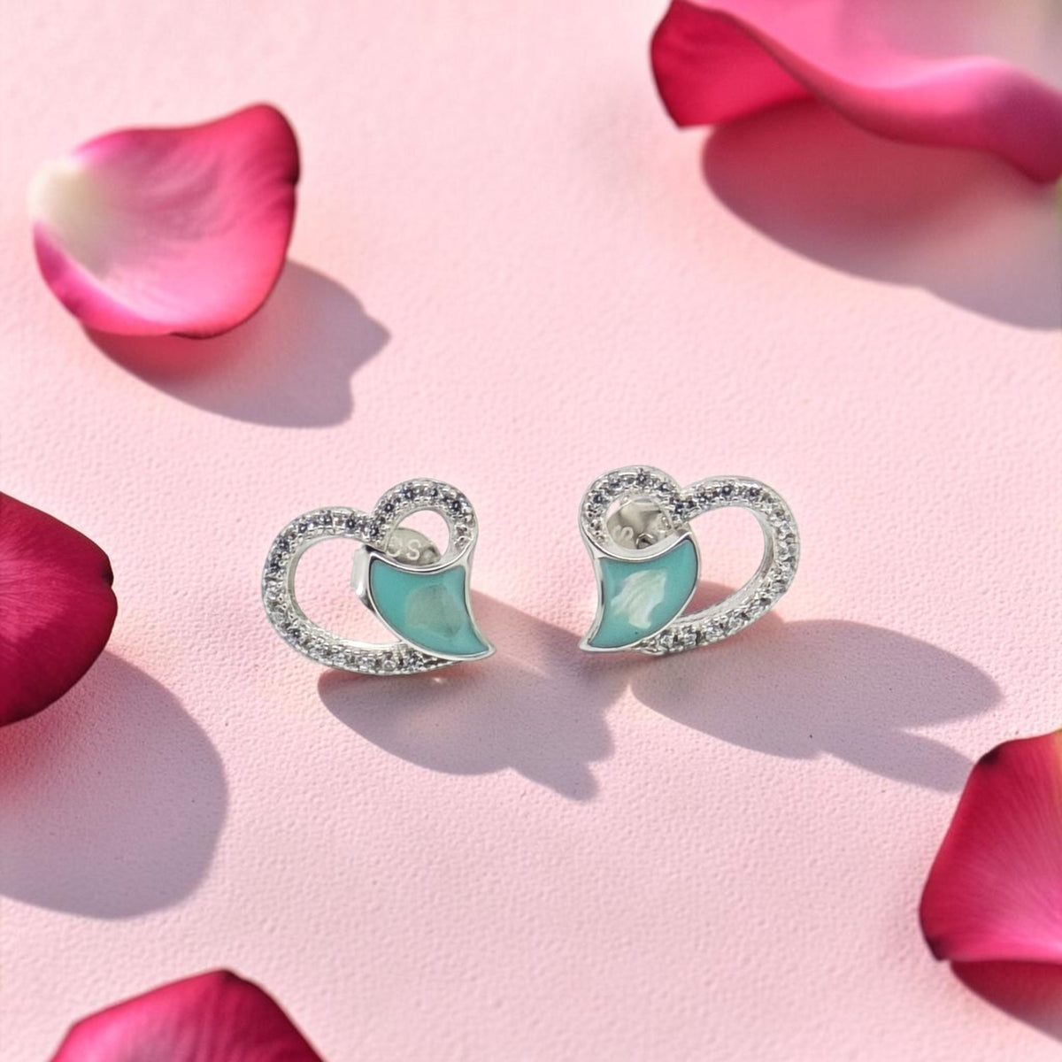 Silver Heart Earrings with Turquoise Detail