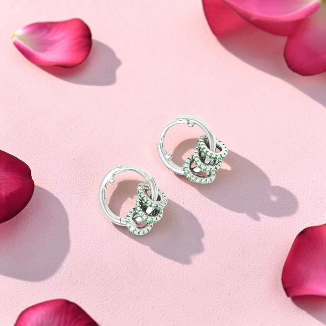 Silver Emerald Coil Huggie Earrings