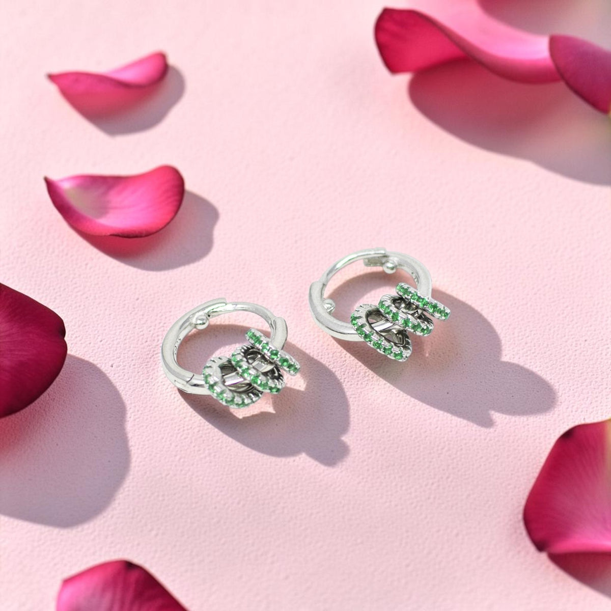 Silver Emerald Coil Huggie Earrings