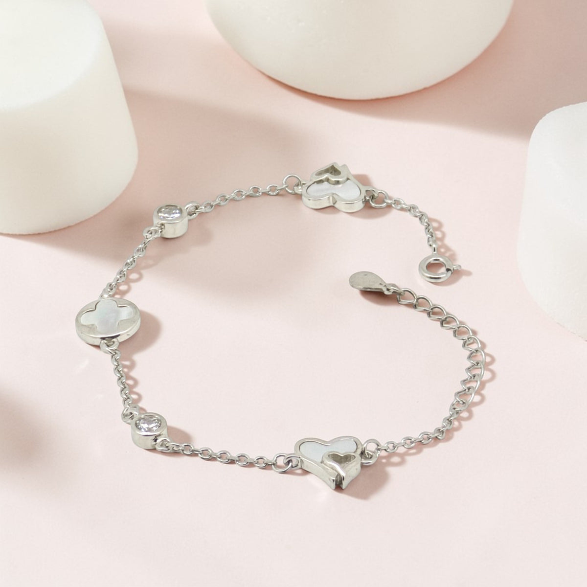 Minimalist Heart - Mother of Pearl CZ Silver Bracelet