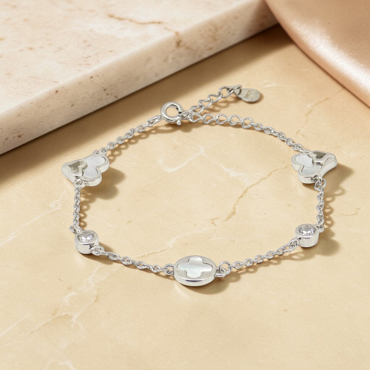 Minimalist Heart - Mother of Pearl CZ Silver Bracelet