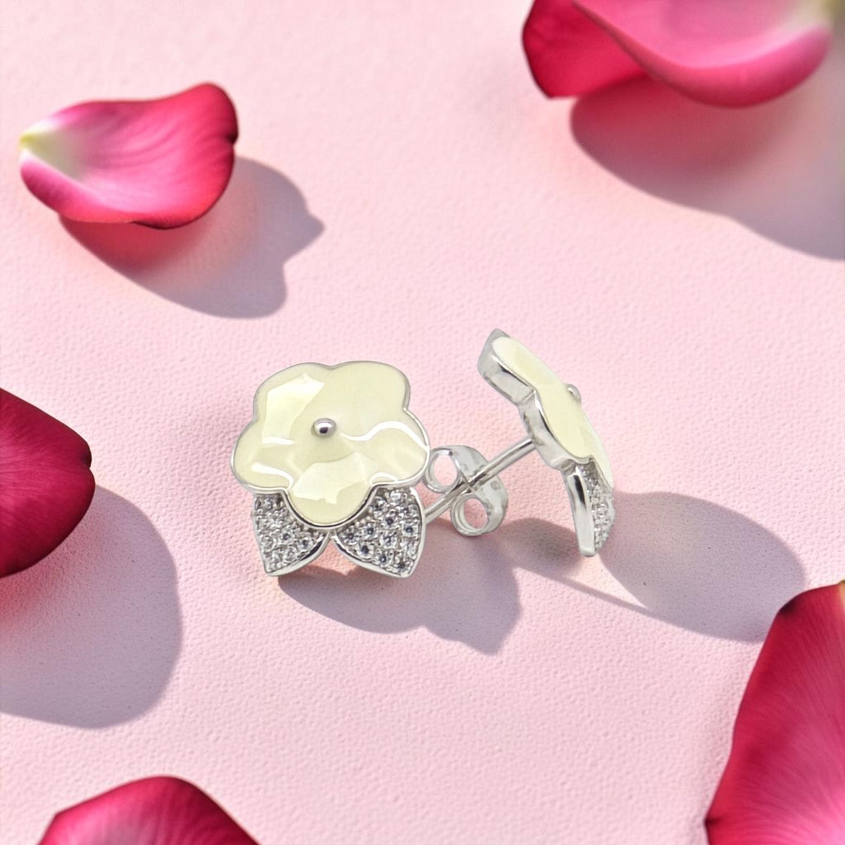 Silver Flower Stud Earrings with Crystals