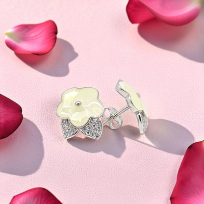 Silver Flower Stud Earrings with Crystals