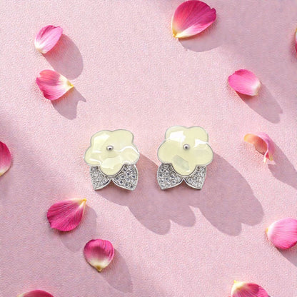 Silver Flower Stud Earrings with Crystals