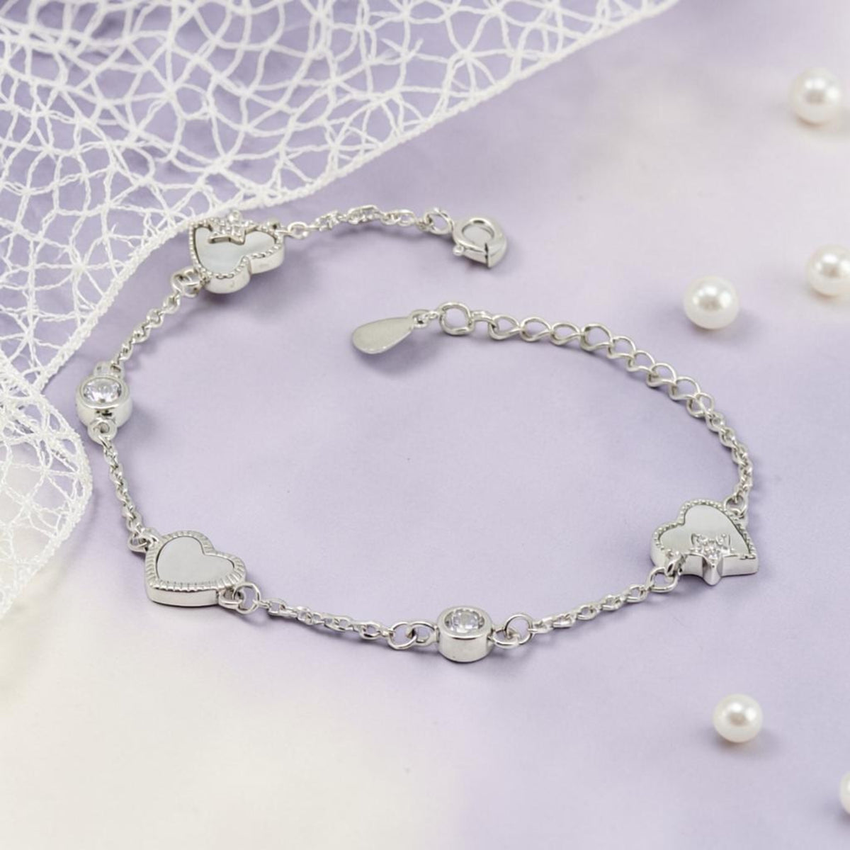Heart Clover - Mother of Pearl CZ Silver Bracelet