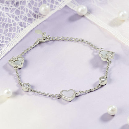 Heart Clover - Mother of Pearl CZ Silver Bracelet