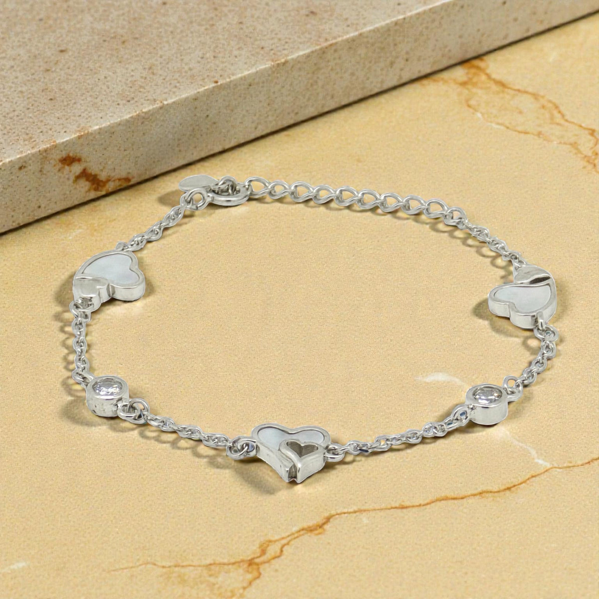 Layered Heart - Mother of Pearl CZ  Silver Bracelet
