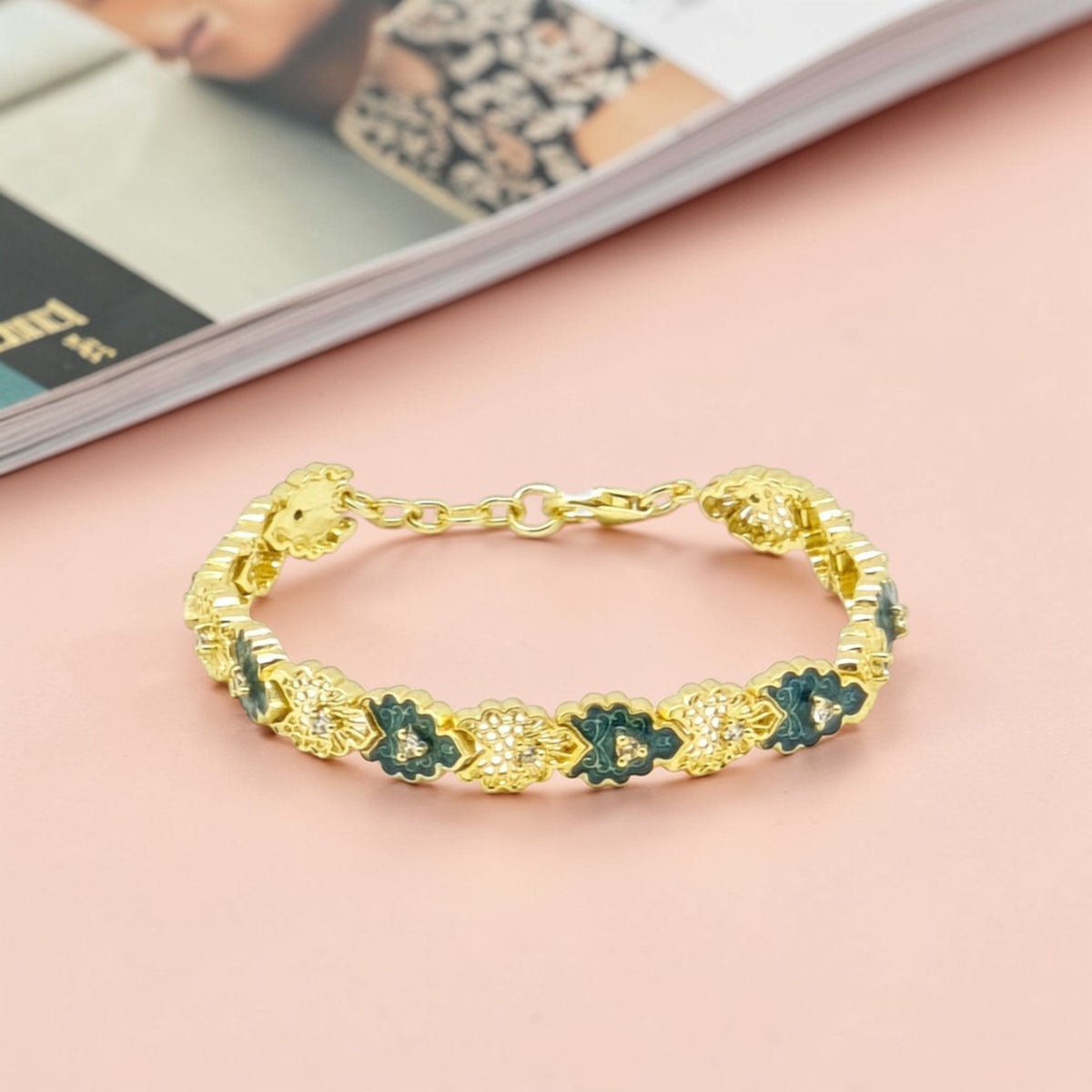 Gold Plated Chain Bracelet with Enamel &amp; Diamonds