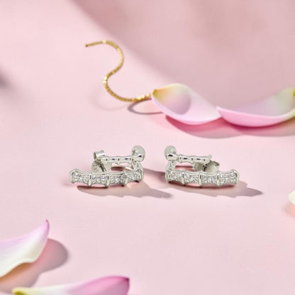 Sterling Silver Diamond Bamboo Hoop Earrings