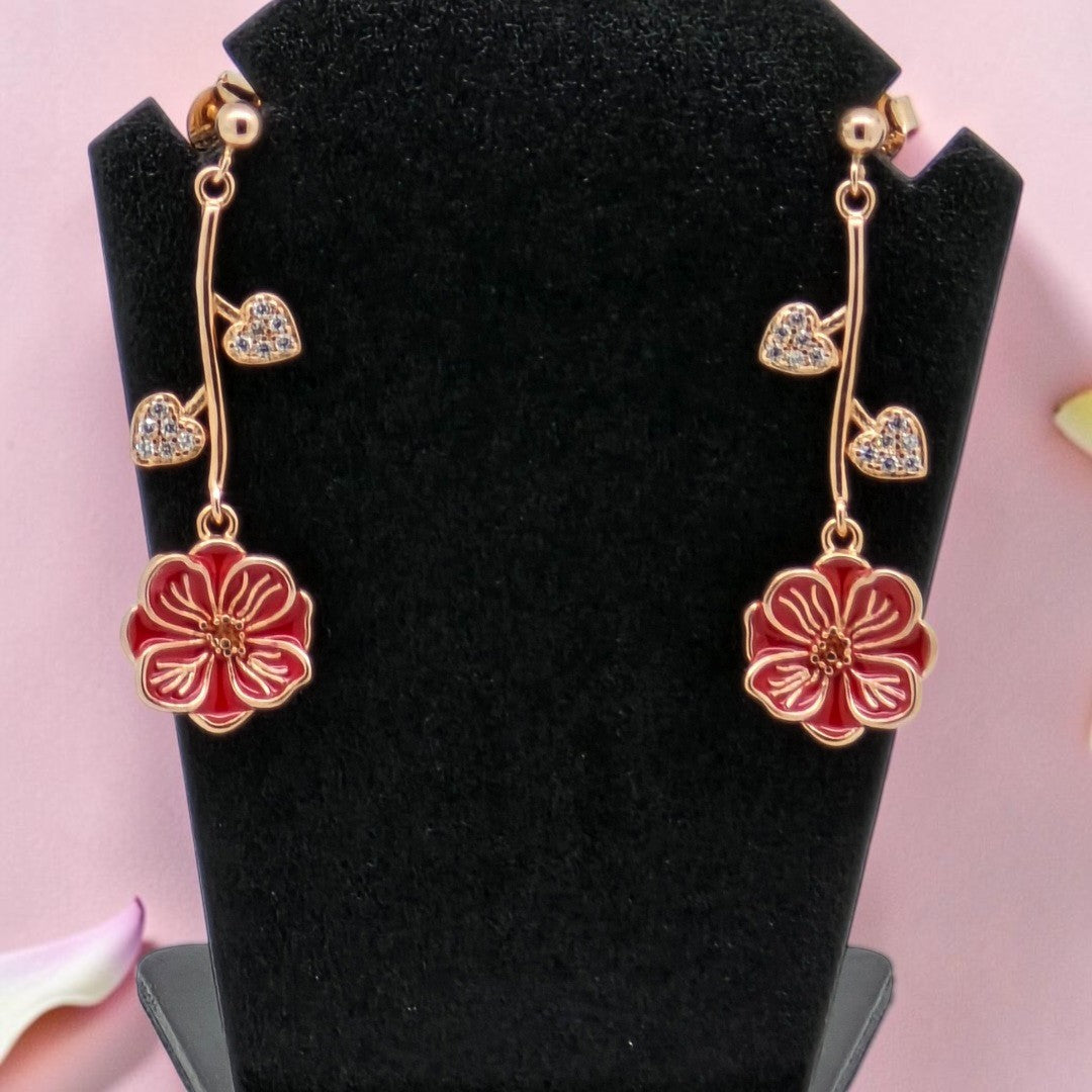 Red Flower Heart Dangle Earrings