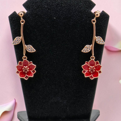 Silver 92.5 Red Flower Drop Earrings