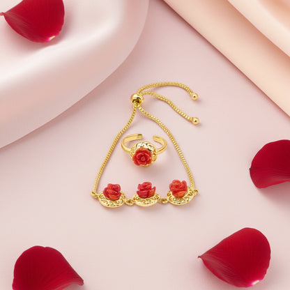 Gold Plated Rose Chain Bracelet Ring Set