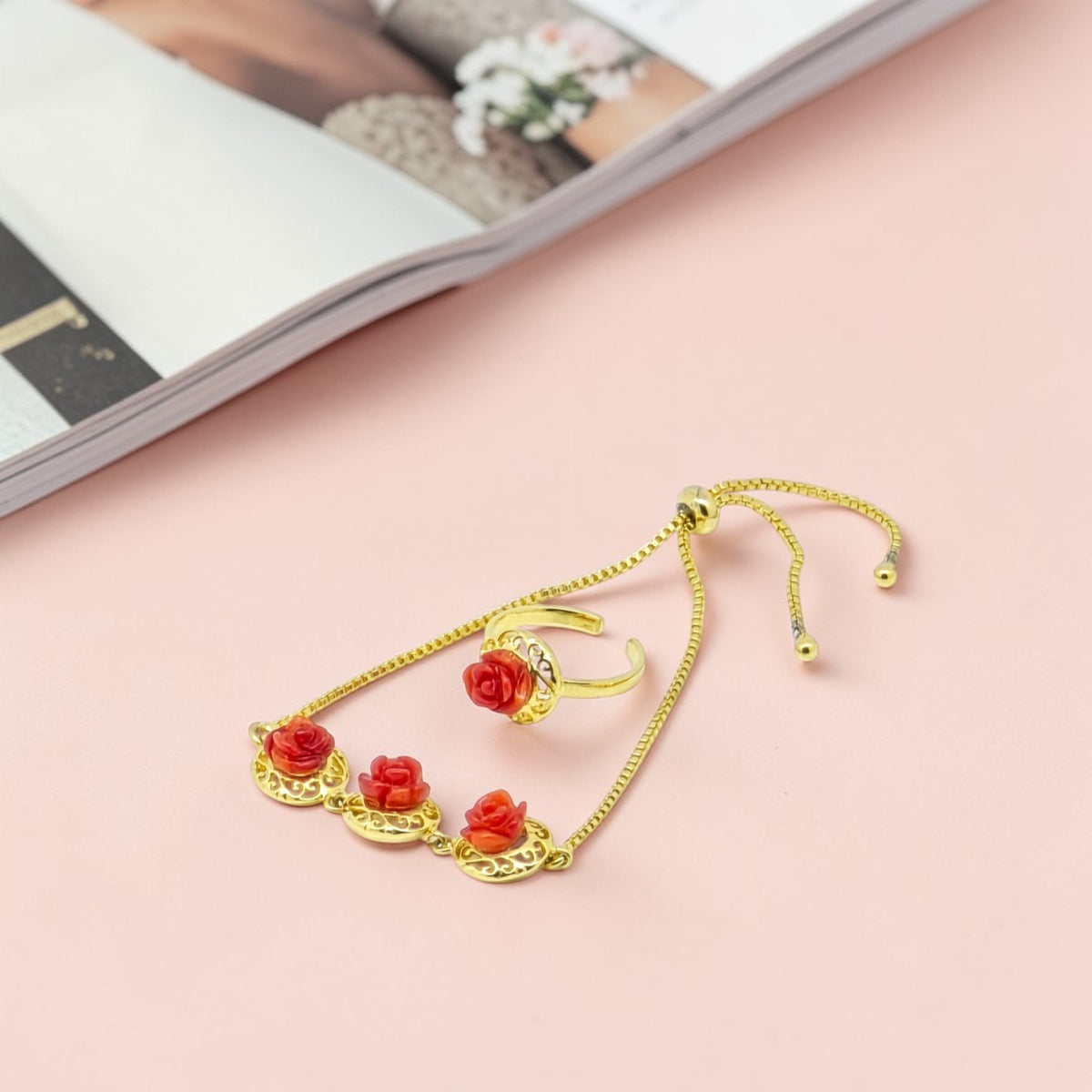Gold Plated Rose Chain Bracelet Ring Set