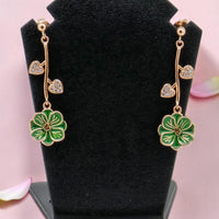 Green Flower Dangle Silver Earrings
