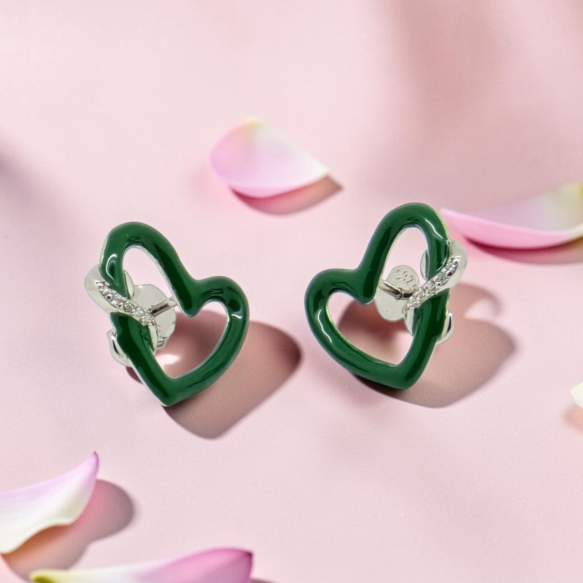 Green Heart Enamel Stud Earrings