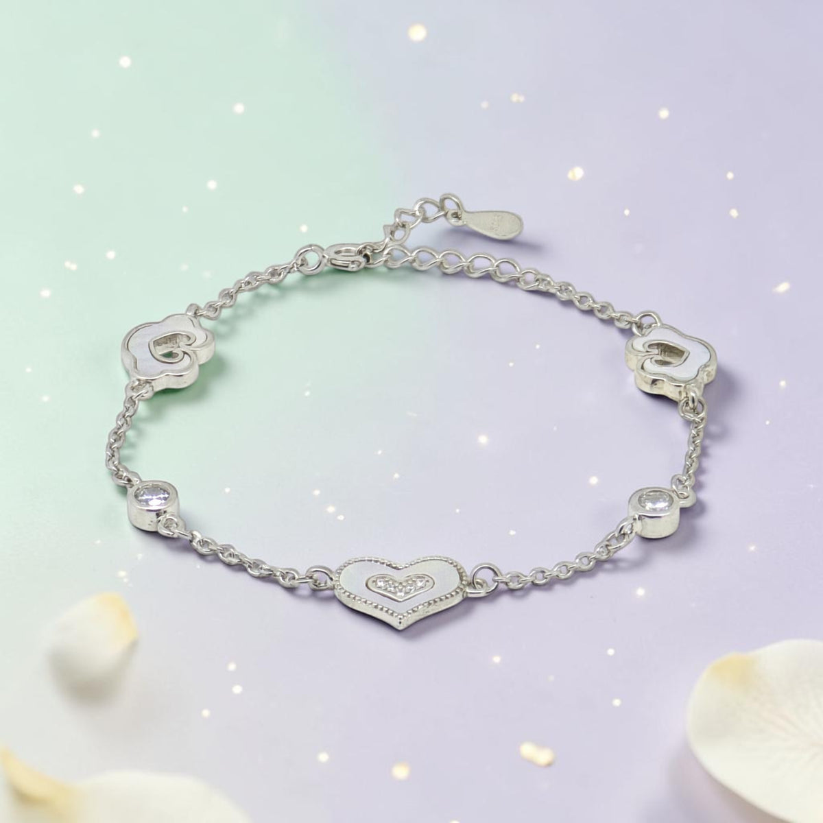Crystal Heart Chain - Mother of Pearl CZ Silver Bracelet
