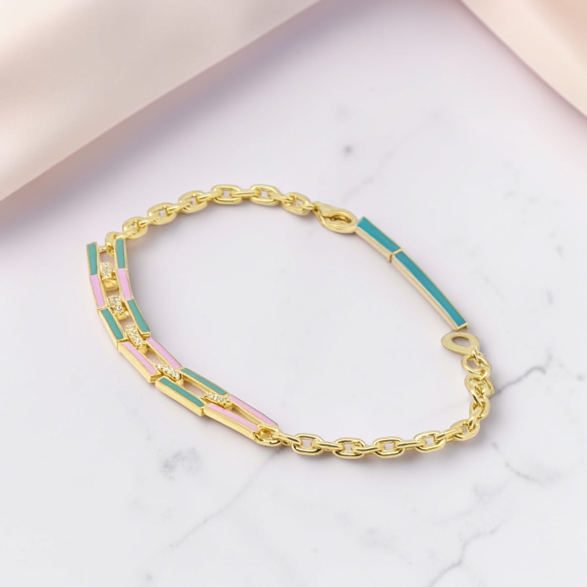 Gold Enamel Link Chain Bracelet