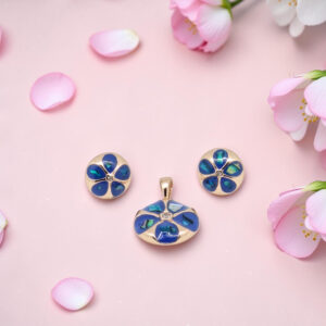 Blue Flower Mother Of Pearl Pendant Set 925 Silver