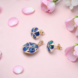 Blue Flower Mother Of Pearl Pendant Set 925 Silver