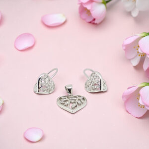 CZ Heart Pendant and Earrings Set  Silver 925
