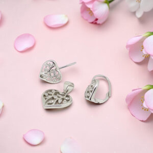 CZ Heart Pendant and Earrings Set  Silver 925