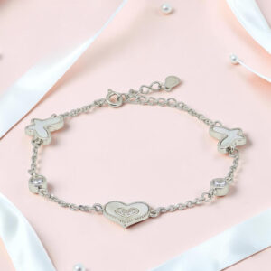 Butterfly & Heart Charm Mother of Pearl & CZ  Silver Bracelet