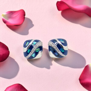 Blue Opal and Diamond Silver Stud Earrings