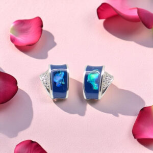 925 Silver Blue Enamel Opal Tops Earrings