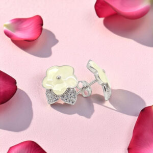 Silver Flower Stud Earrings with Crystals