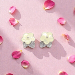 Silver Flower Stud Earrings with Crystals