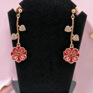 Red Flower Heart Dangle Earrings