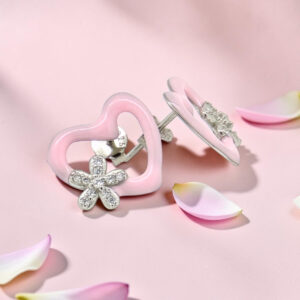Pink Heart Flower Studs Sterling Silver