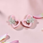 Pink Heart Flower Studs Sterling Silver