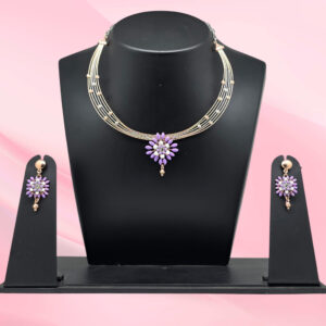 Silver Necklace Set 925 With Purple Flowers