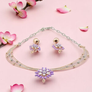 Silver Necklace Set 925 With Purple Flowers