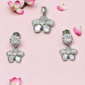 925 Silver MOP with CZ  Floral Pendant Set