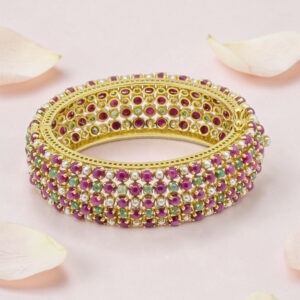 Gold Plated Ruby Emerald Pearl Silver Kada Bracelet