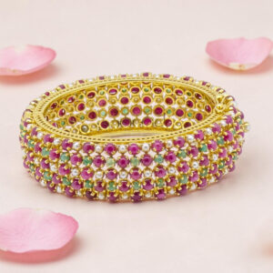 Gold Plated Ruby Emerald Pearl Silver Kada Bracelet