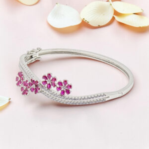 Silver Kada Bracelet with Pink CZ Flowers