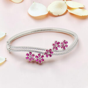 Silver Kada Bracelet with Pink CZ Flowers
