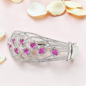 Silver Kada Bracelet with Pink Stones