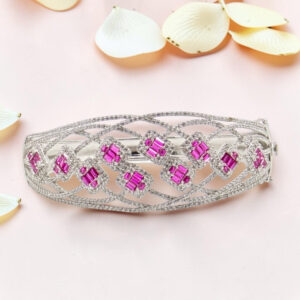 Silver Kada Bracelet with Pink Stones