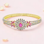 Silver Kada Bracelet with Pink Stones