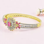Silver Kada Bracelet with Pink Stones