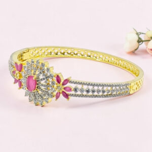 Silver Kada Bracelet with Pink Stones