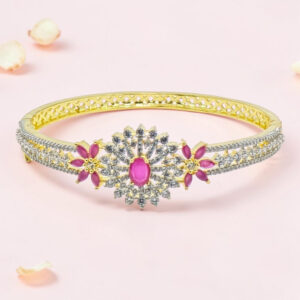 Silver Kada Bracelet with Pink Stones
